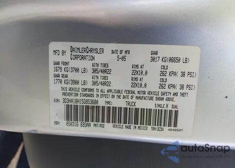 2005 Dodge Ram 1500 Srt-10 z USA, uszkodzony, nr VIN 3D3HA18H15G853680